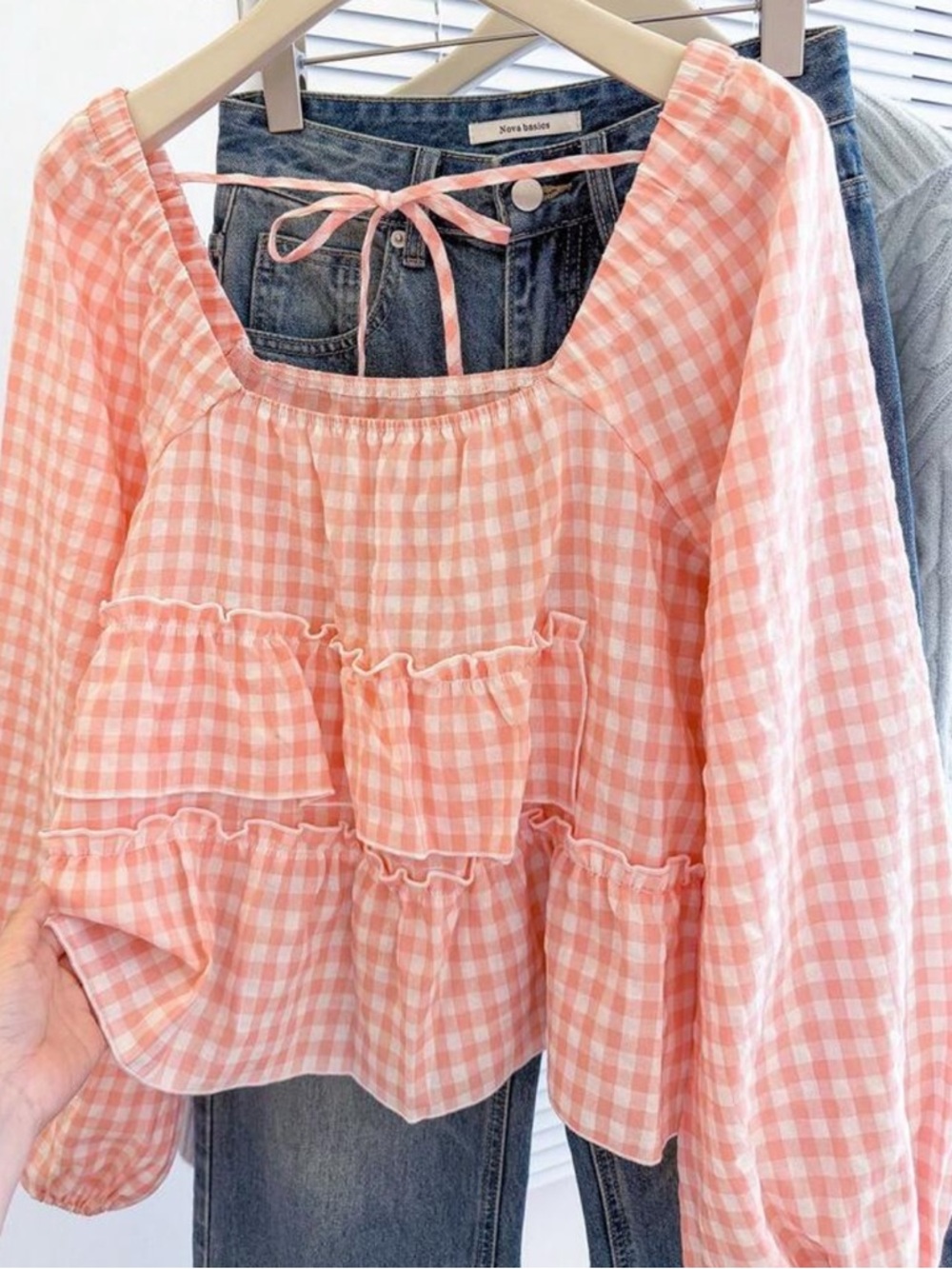 Pink Gingham Square-Neck Peplum Top